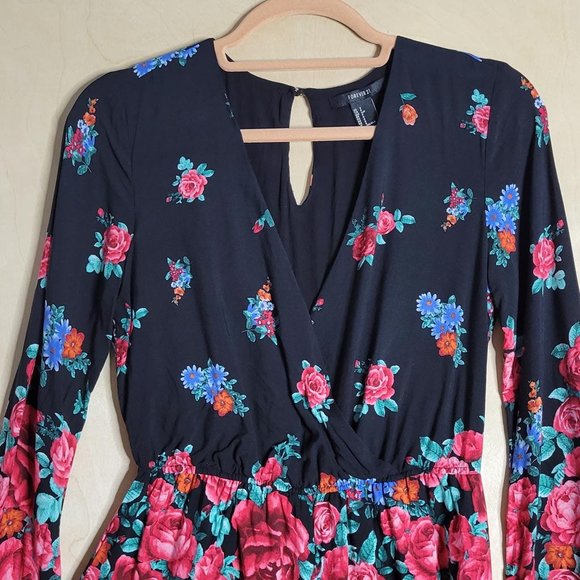 Forever 21 Black Floral Boho Lined Bell Sleeves Romper Women Size S - Picture 9 of 11